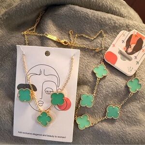 Gold-Tone Green Clover Necklace and Bracelet Set